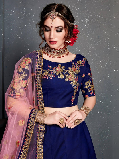 Odette Dark Blue Satin Silk Embroidered Semi Stitched Lehenga With Blouse For Women