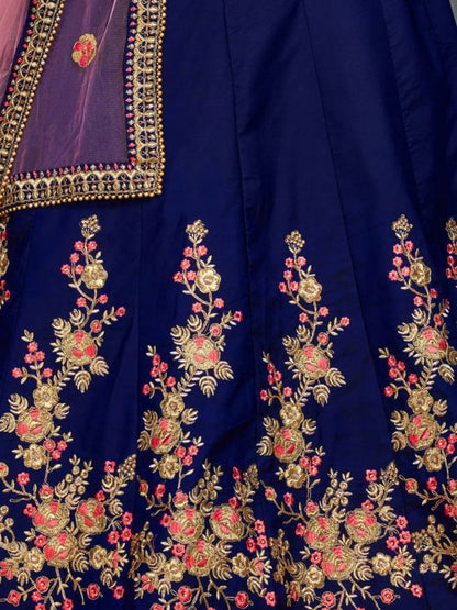 Odette Dark Blue Satin Silk Embroidered Semi Stitched Lehenga With Blouse For Women