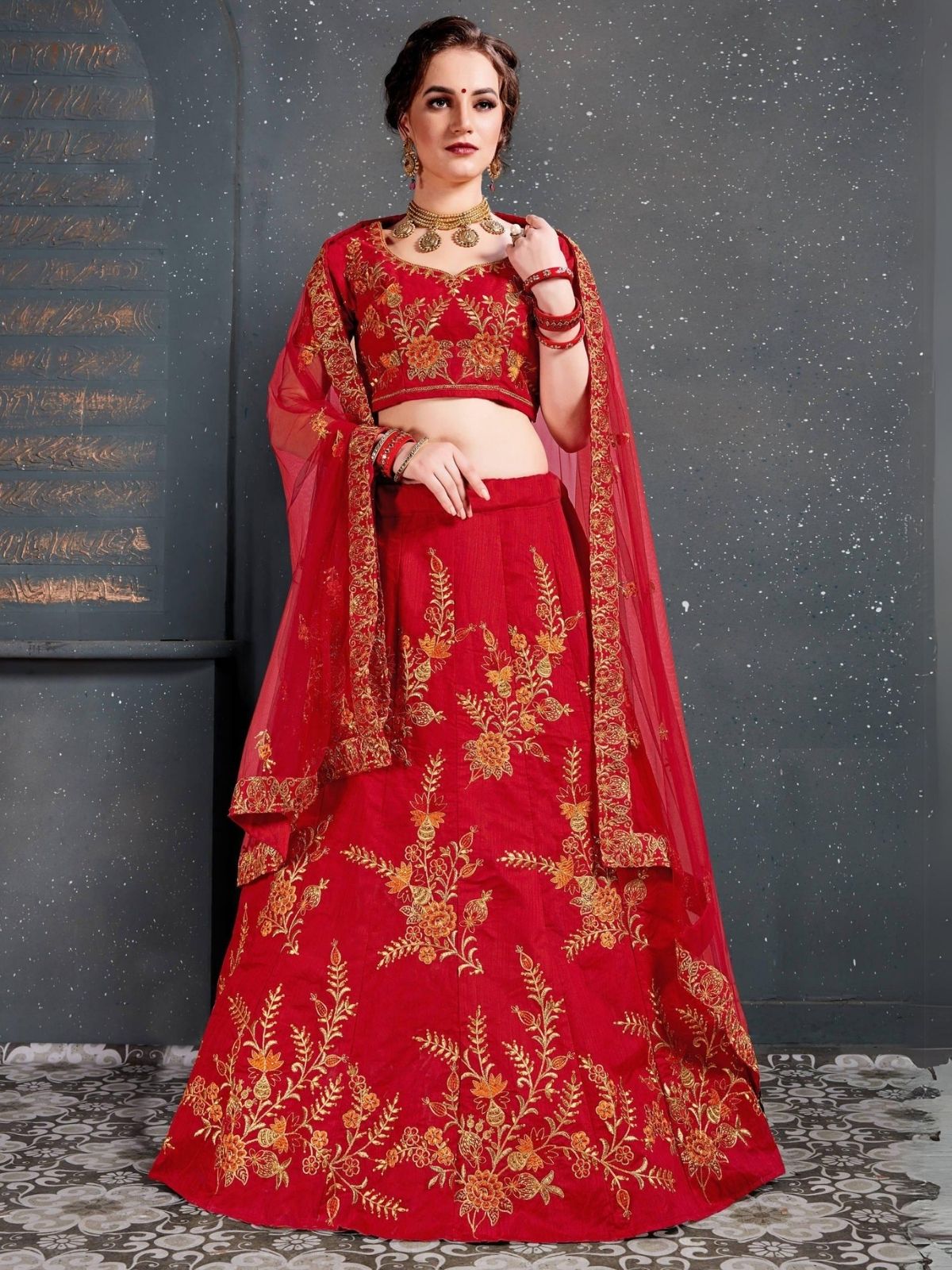 Odette Red Silk Blend Embroidered Semi Stitched Lehenga With Blouse For Women