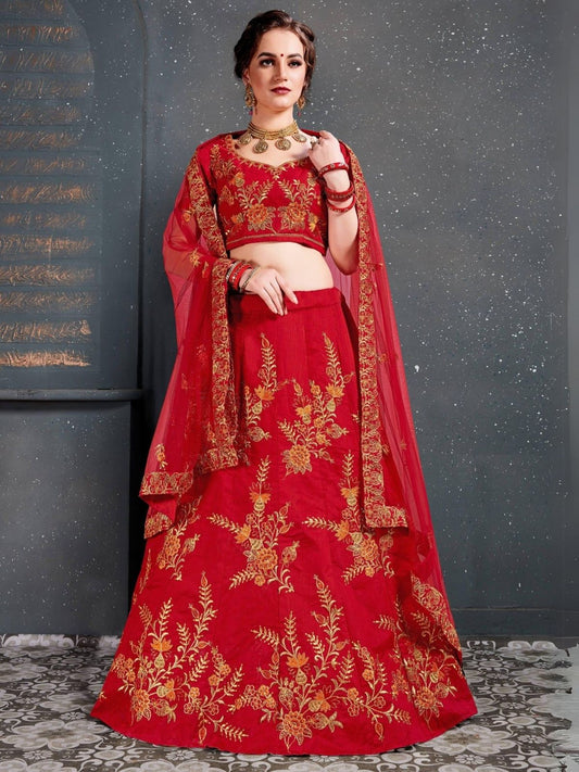 Odette Red Silk Blend Embroidered Semi Stitched Lehenga With Blouse For Women