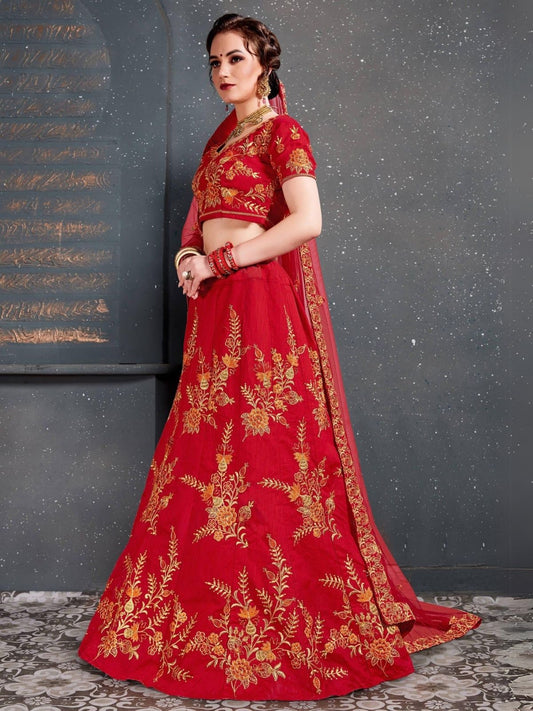 Odette Red Silk Blend Embroidered Semi Stitched Lehenga With Blouse For Women