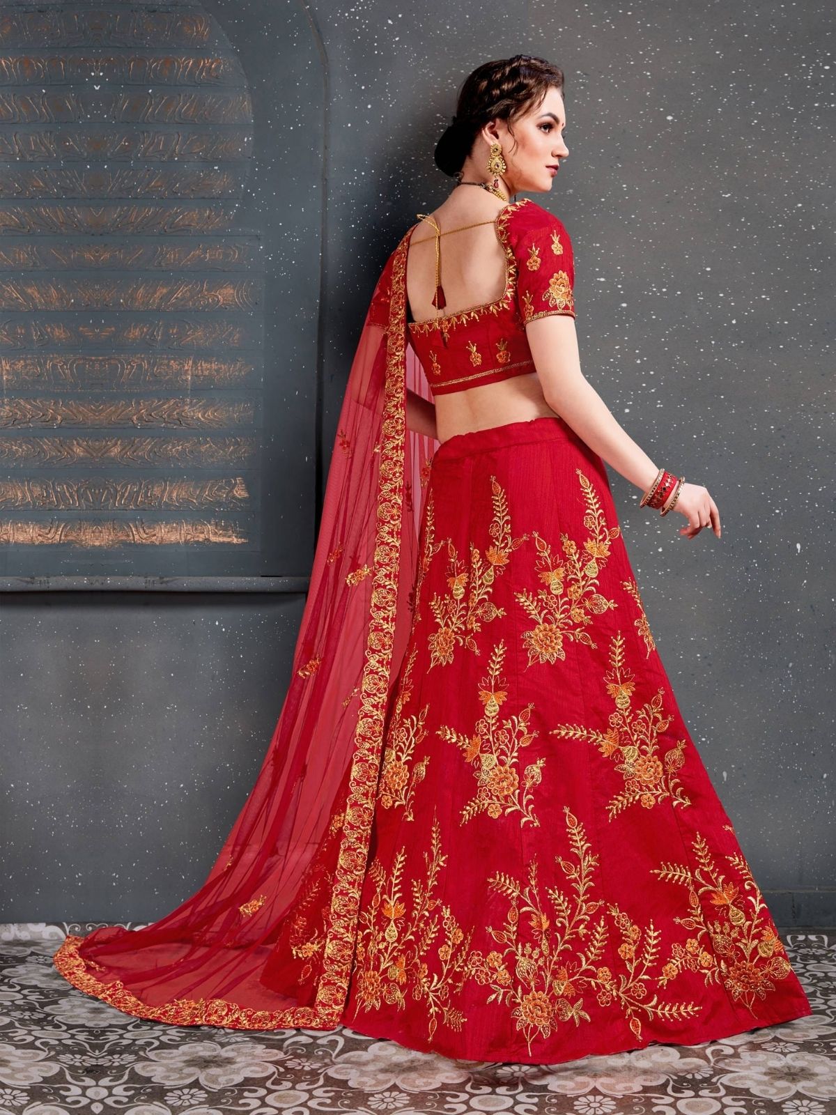 Odette Red Silk Blend Embroidered Semi Stitched Lehenga With Blouse For Women