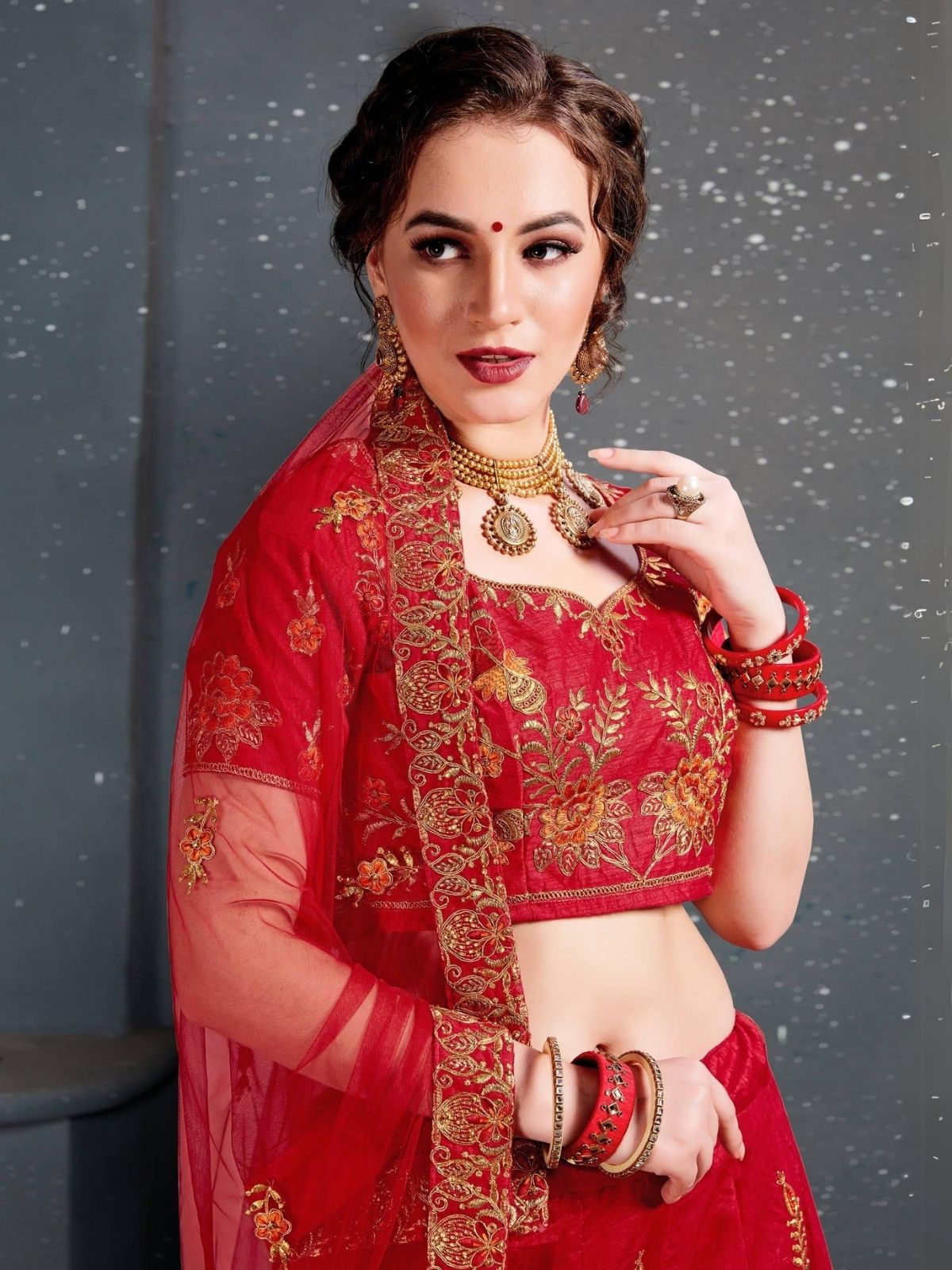 Odette Red Silk Blend Embroidered Semi Stitched Lehenga With Blouse For Women