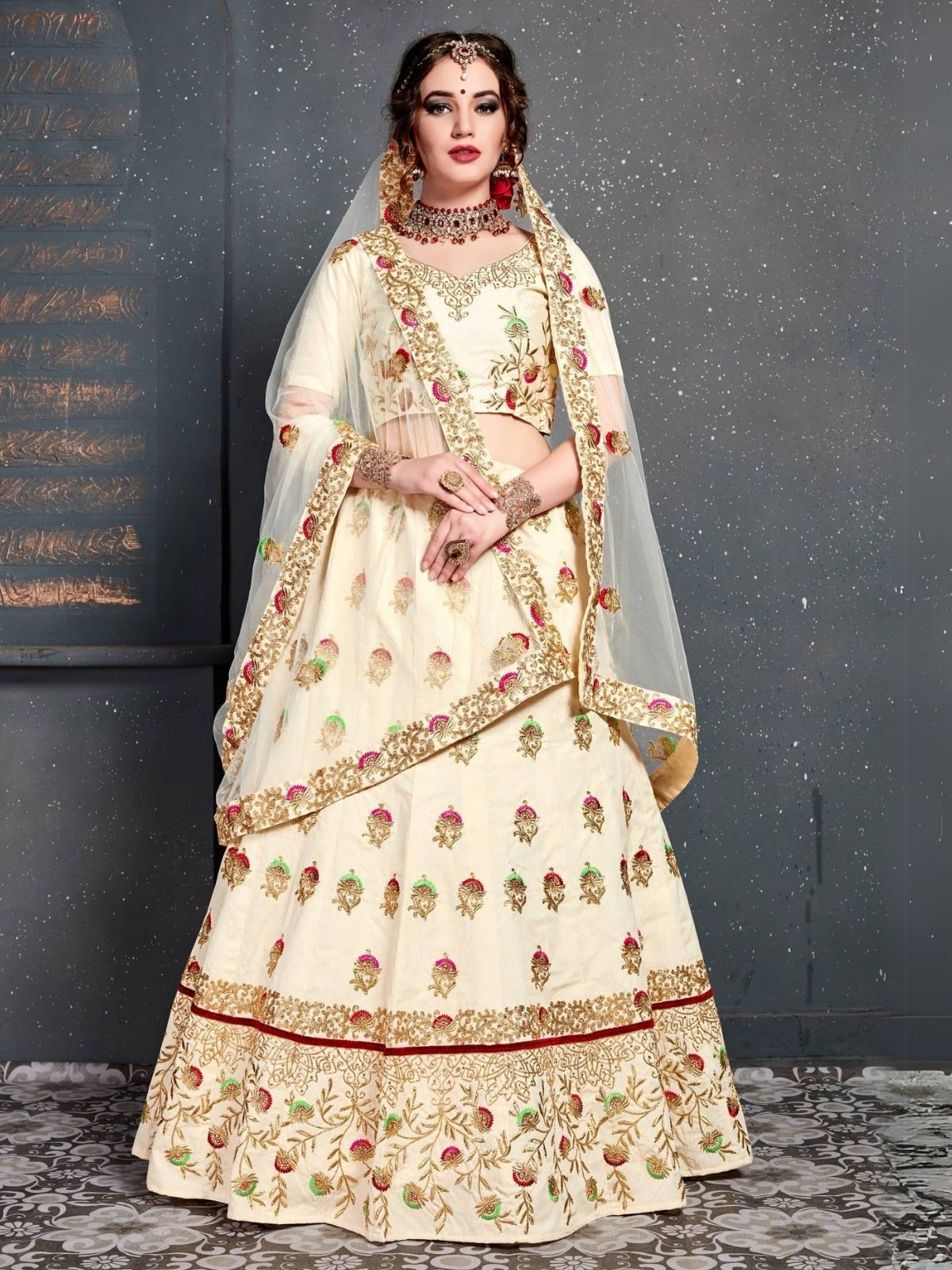 Odette Cream Silk Blend Embroidered Semi Stitched Lehenga With Blouse For Women