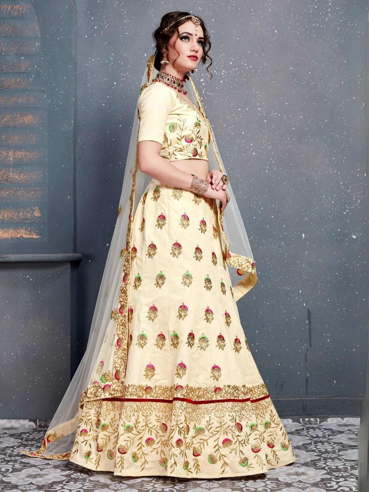 Odette Cream Silk Blend Embroidered Semi Stitched Lehenga With Blouse For Women