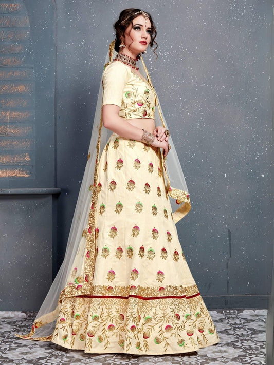 Odette Cream Silk Blend Embroidered Semi Stitched Lehenga With Blouse For Women