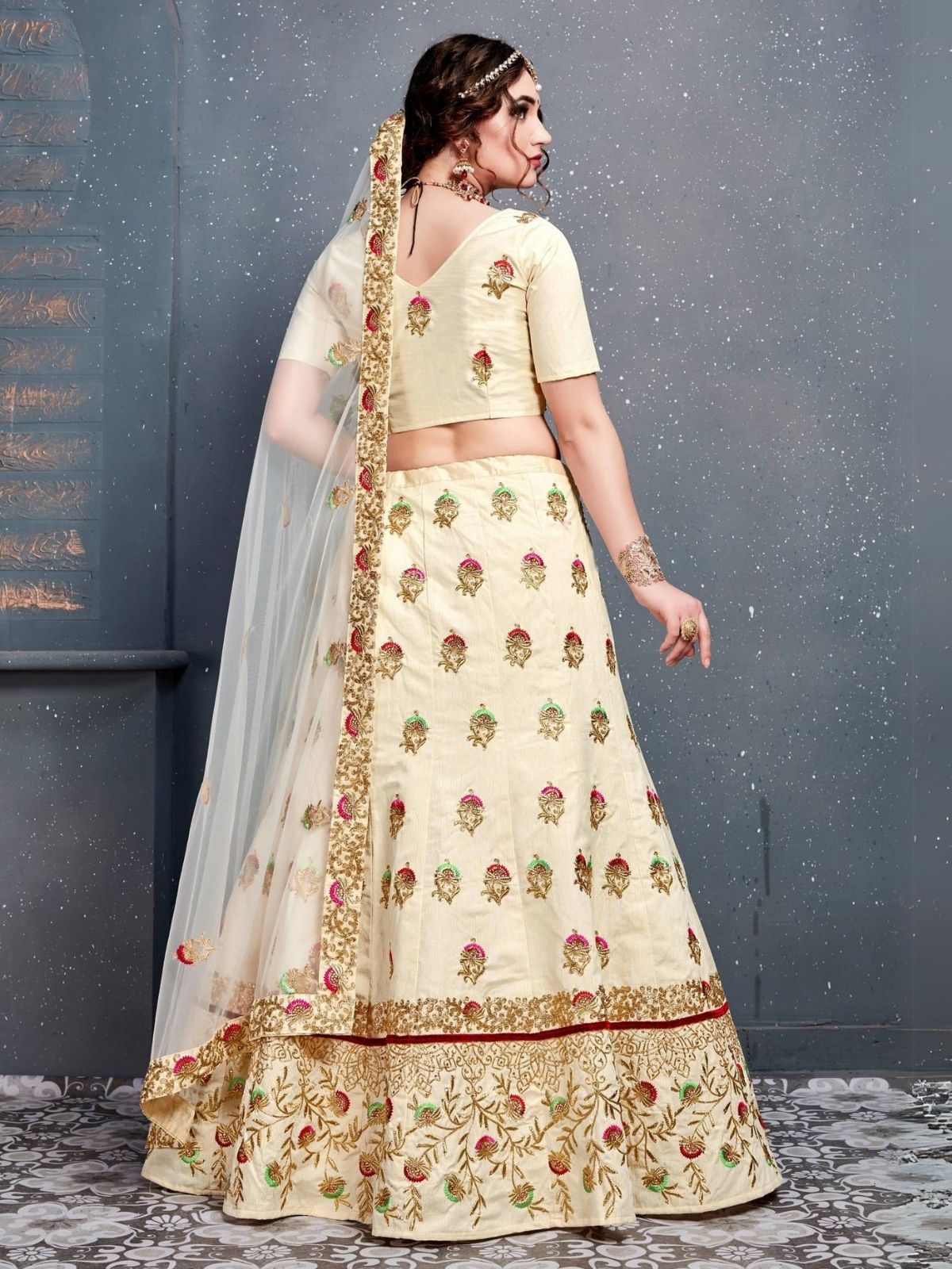 Odette Cream Silk Blend Embroidered Semi Stitched Lehenga With Blouse For Women