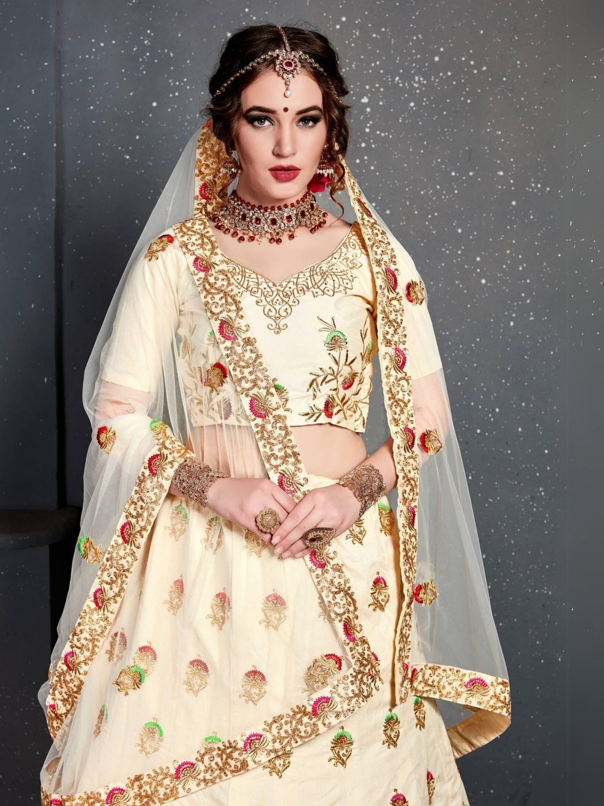 Odette Cream Silk Blend Embroidered Semi Stitched Lehenga With Blouse For Women