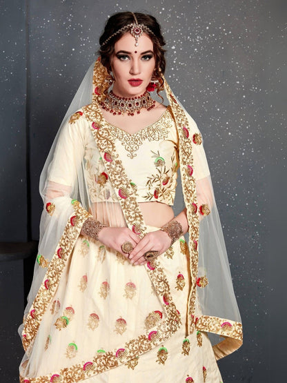Odette Cream Silk Blend Embroidered Semi Stitched Lehenga With Blouse For Women