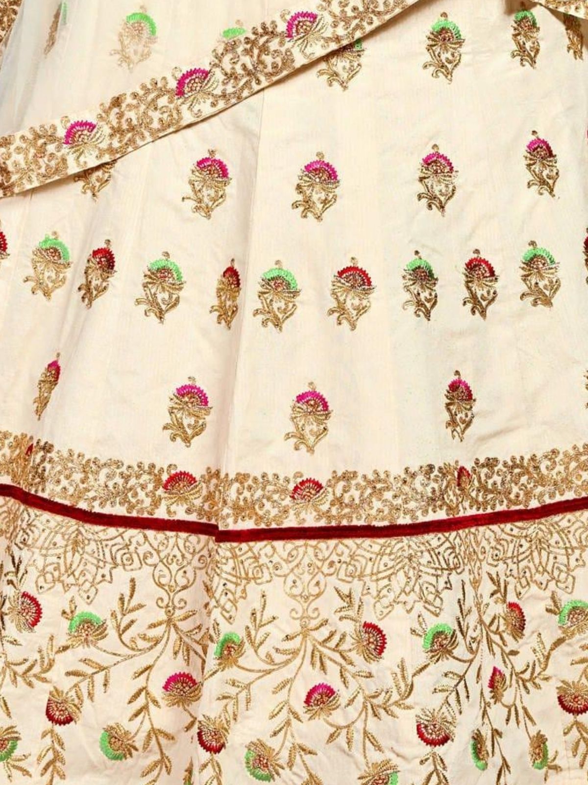 Odette Cream Silk Blend Embroidered Semi Stitched Lehenga With Blouse For Women