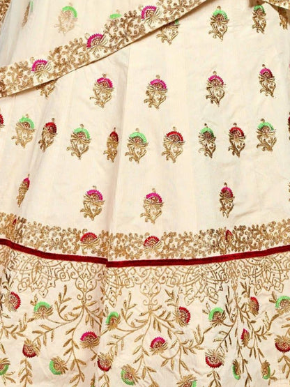 Odette Cream Silk Blend Embroidered Semi Stitched Lehenga With Blouse For Women