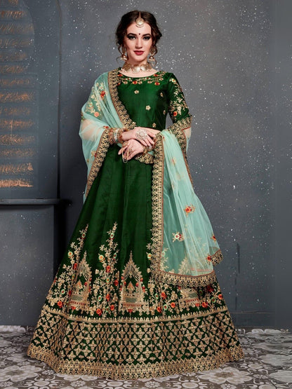 Odette Green Satin Silk Embroidered Semi Stitched Lehenga With Blouse For Women