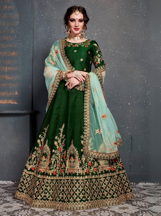 Odette Green Satin Silk Embroidered Semi Stitched Lehenga With Blouse For Women