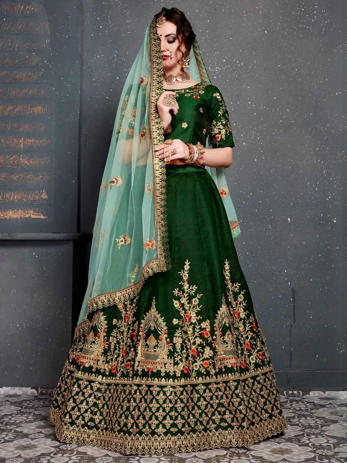 Odette Green Satin Silk Embroidered Semi Stitched Lehenga With Blouse For Women
