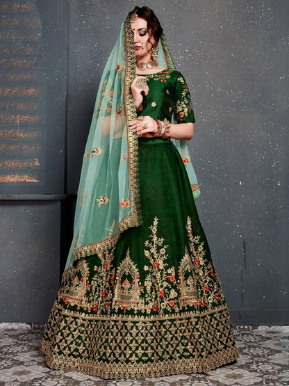 Odette Green Satin Silk Embroidered Semi Stitched Lehenga With Blouse For Women