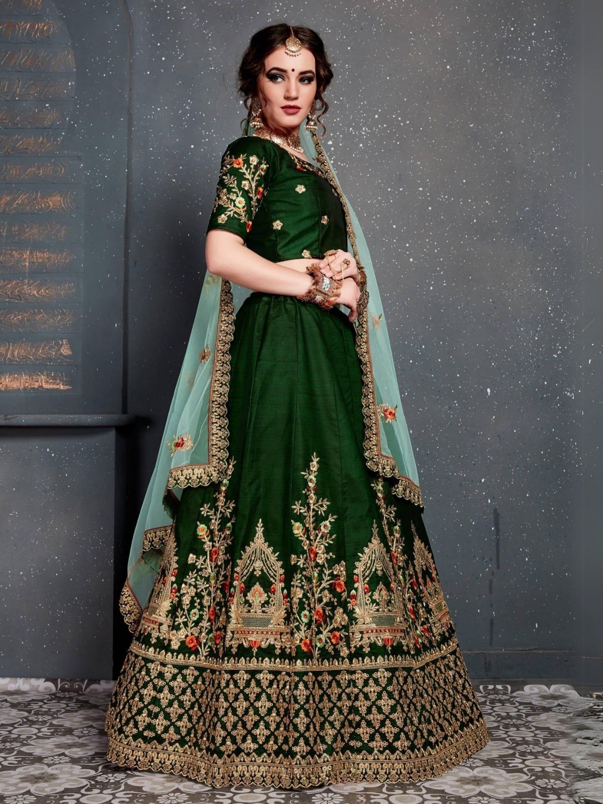 Odette Green Satin Silk Embroidered Semi Stitched Lehenga With Blouse For Women