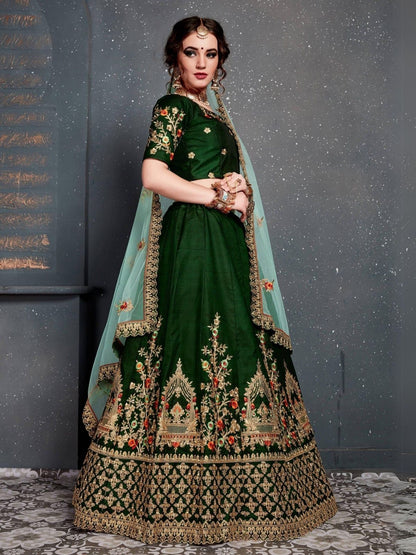 Odette Green Satin Silk Embroidered Semi Stitched Lehenga With Blouse For Women