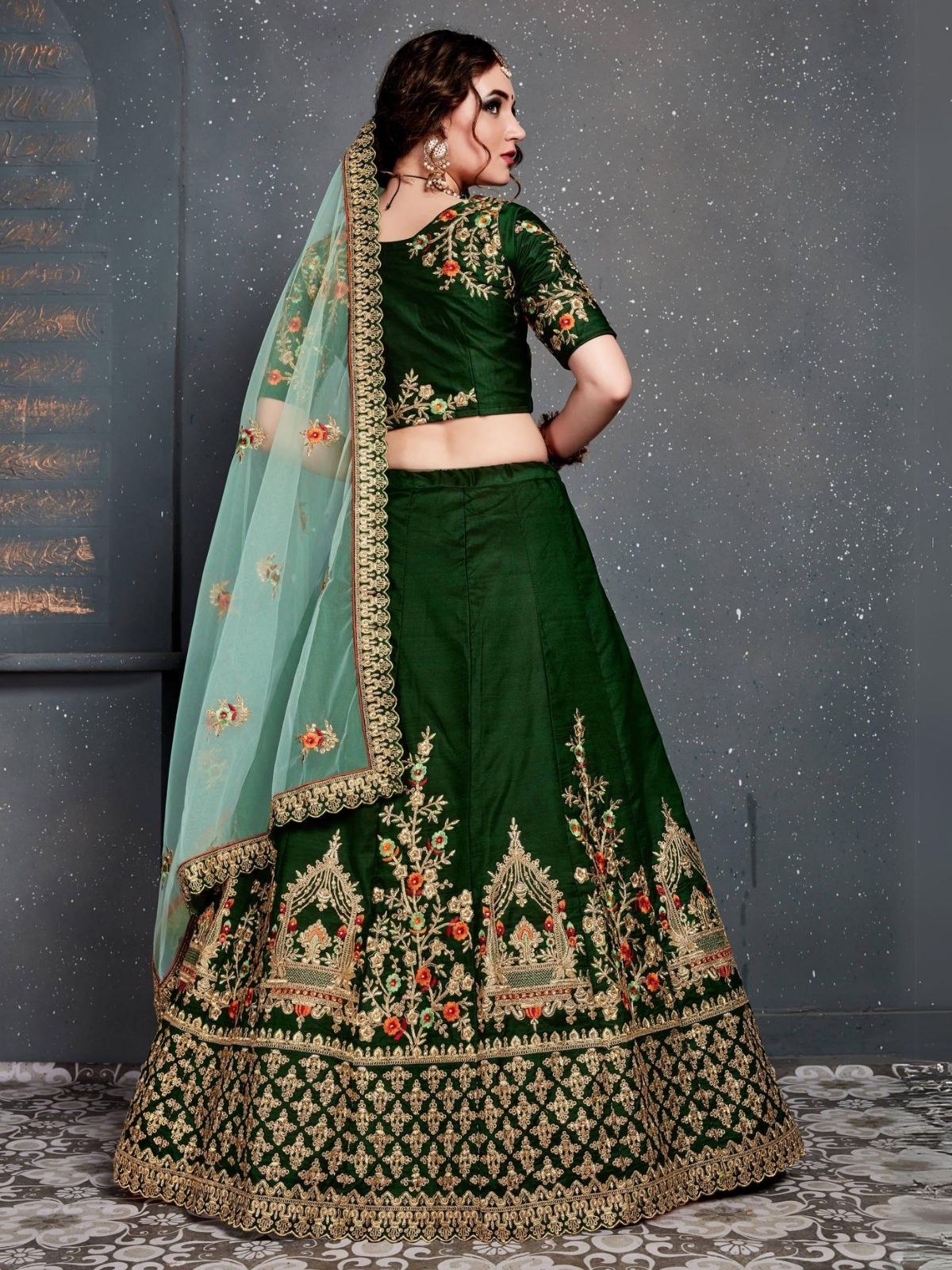 Odette Green Satin Silk Embroidered Semi Stitched Lehenga With Blouse For Women