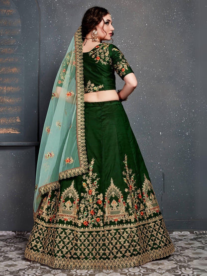 Odette Green Satin Silk Embroidered Semi Stitched Lehenga With Blouse For Women