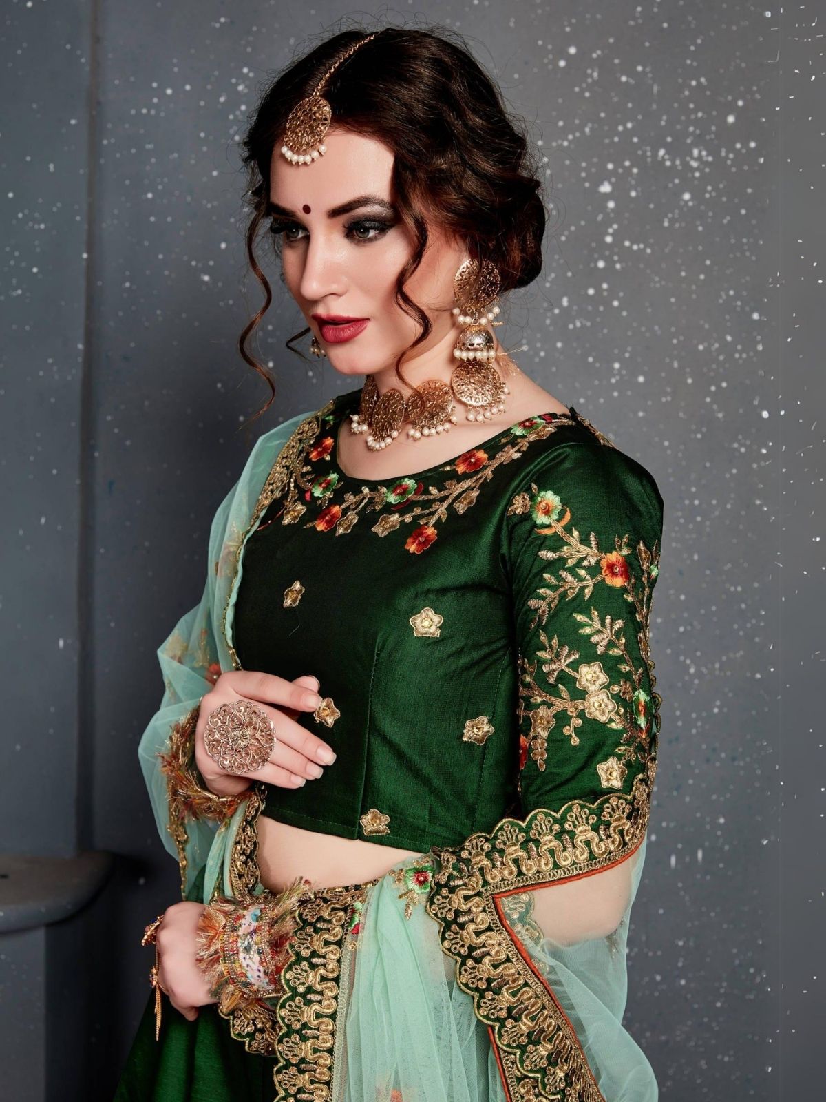 Odette Green Satin Silk Embroidered Semi Stitched Lehenga With Blouse For Women