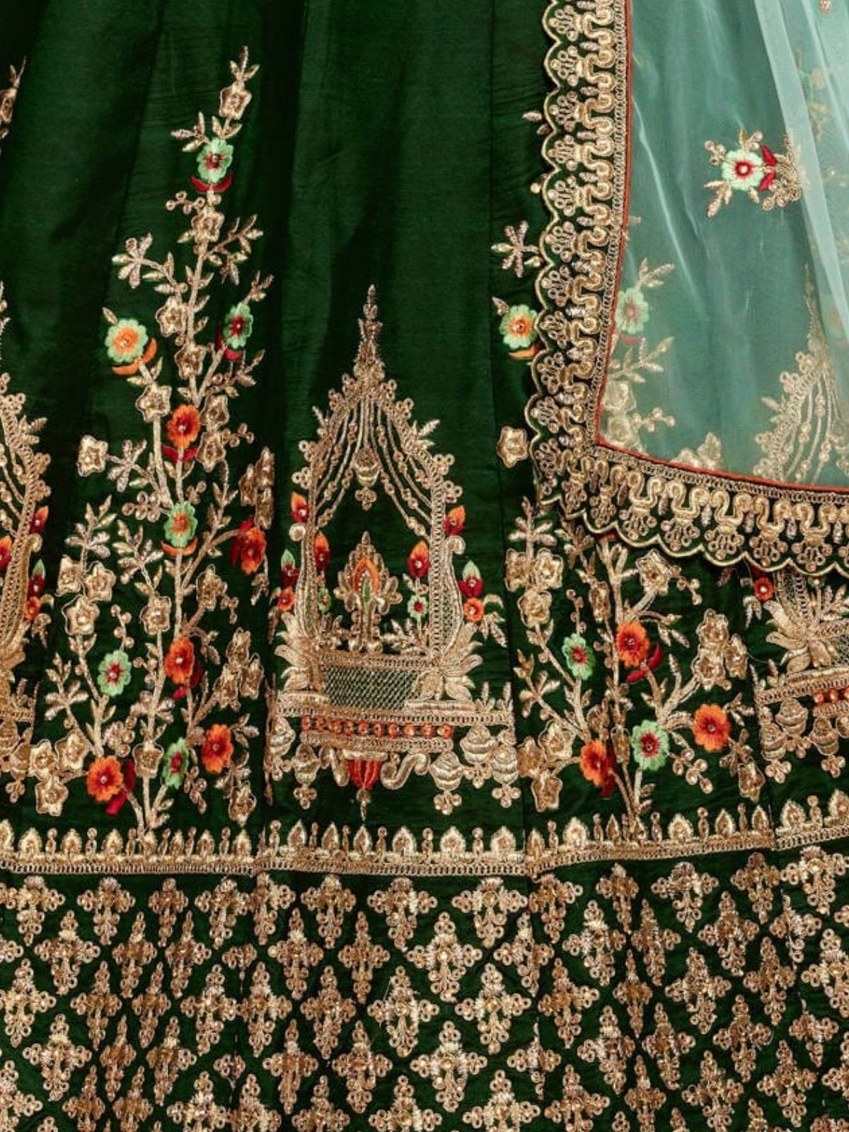 Odette Green Satin Silk Embroidered Semi Stitched Lehenga With Blouse For Women