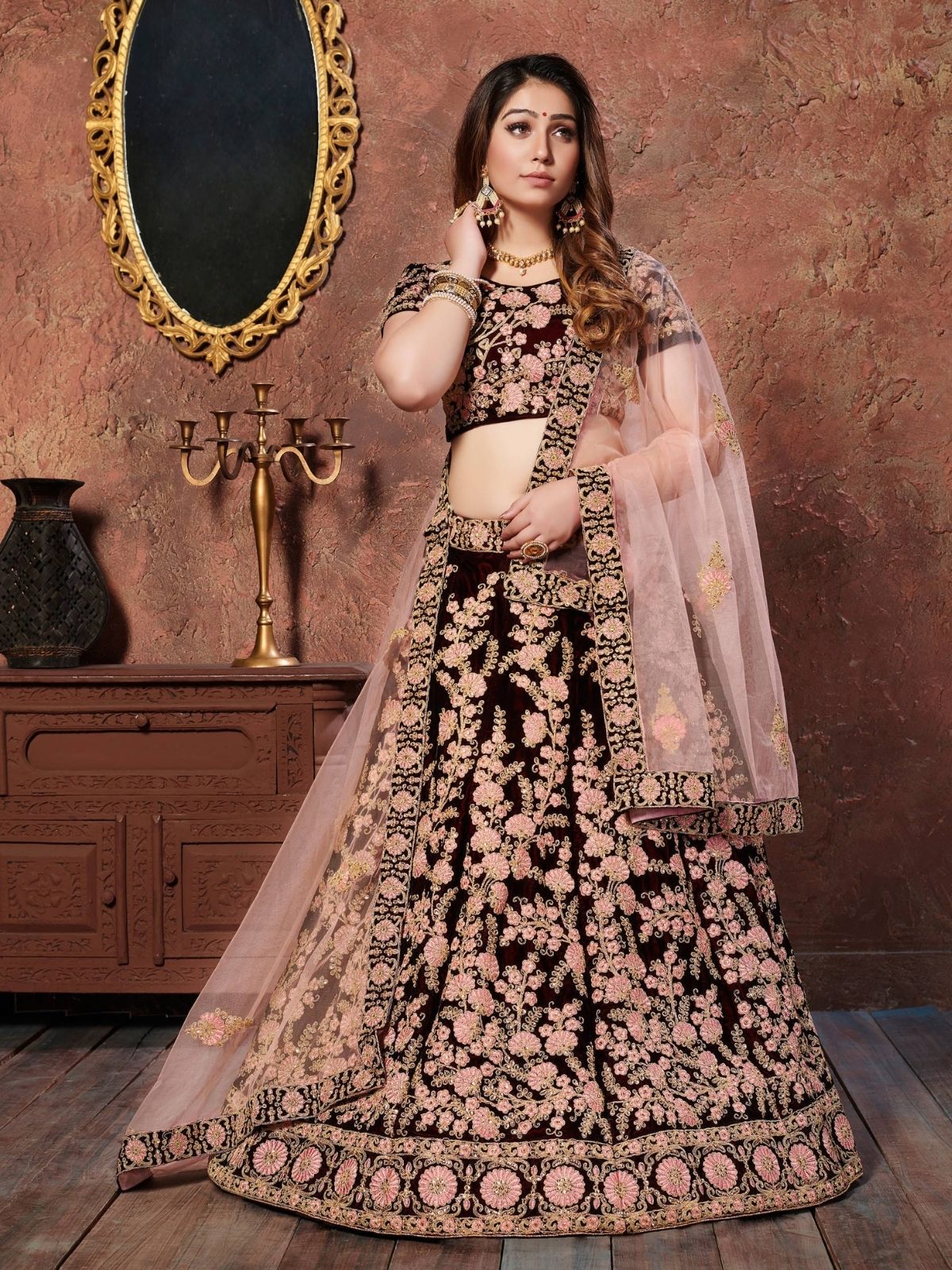 Odette Maroon Velvet Embroidered Semi Stitched Lehenga With Blouse For Women