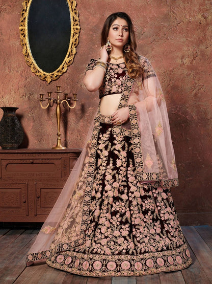 Odette Maroon Velvet Embroidered Semi Stitched Lehenga With Blouse For Women