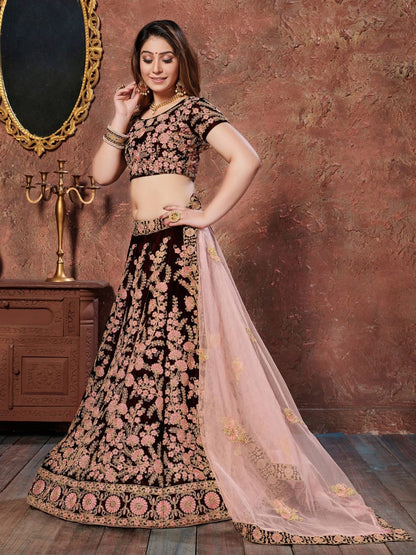 Odette Maroon Velvet Embroidered Semi Stitched Lehenga With Blouse For Women