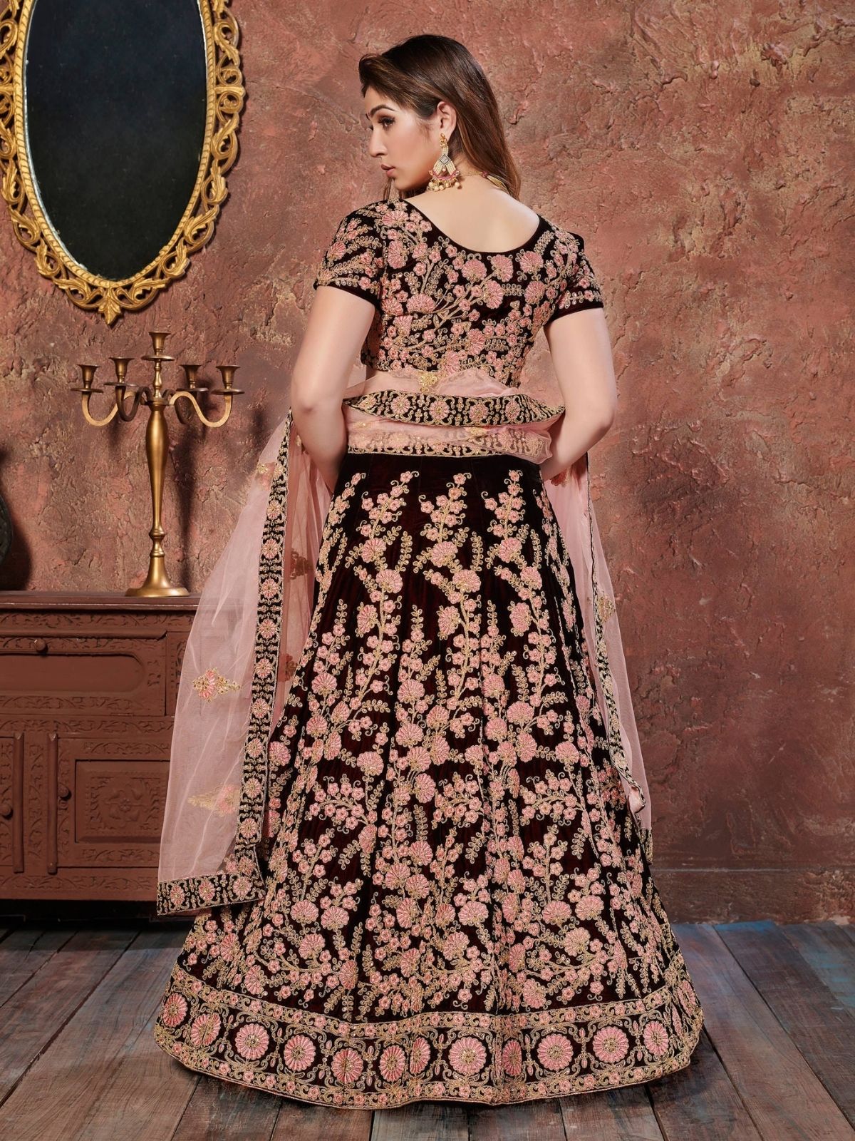 Odette Maroon Velvet Embroidered Semi Stitched Lehenga With Blouse For Women