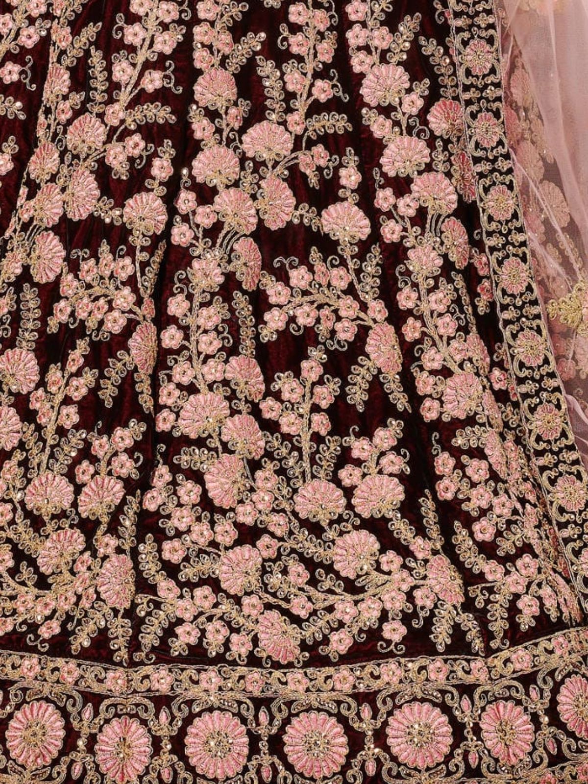 Odette Maroon Velvet Embroidered Semi Stitched Lehenga With Blouse For Women