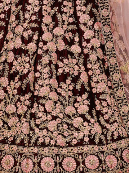 Odette Maroon Velvet Embroidered Semi Stitched Lehenga With Blouse For Women
