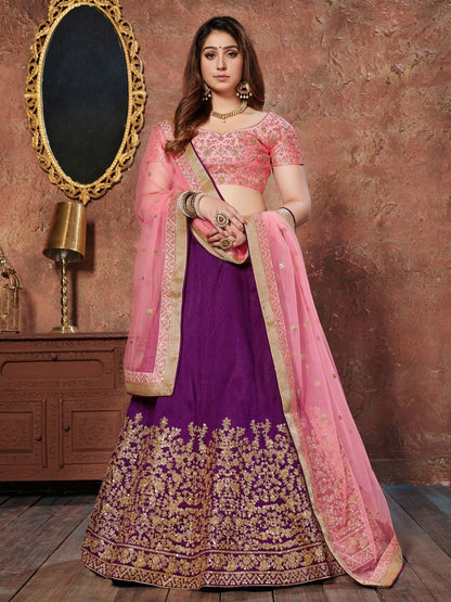 Odette Purple Silk Blend Embroidered Semi Stitched Lehenga With Blouse For Women