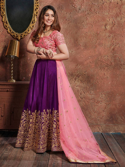 Odette Purple Silk Blend Embroidered Semi Stitched Lehenga With Blouse For Women