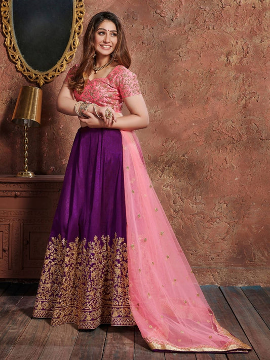 Odette Purple Silk Blend Embroidered Semi Stitched Lehenga With Blouse For Women