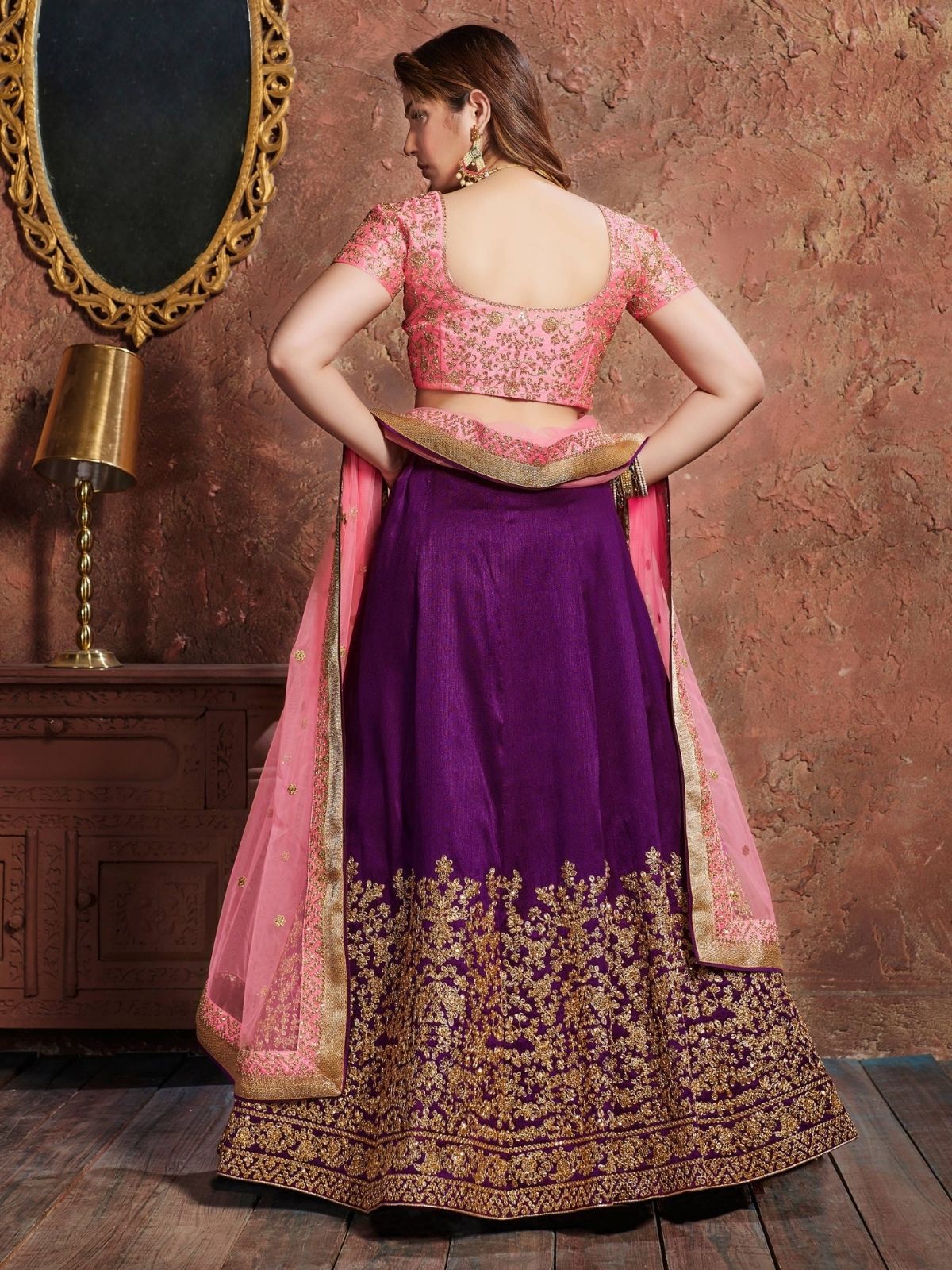 Odette Purple Silk Blend Embroidered Semi Stitched Lehenga With Blouse For Women