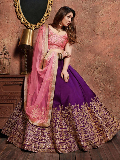 Odette Purple Silk Blend Embroidered Semi Stitched Lehenga With Blouse For Women