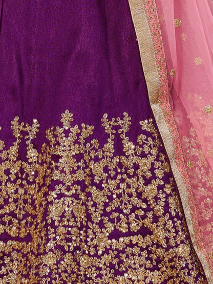 Odette Purple Silk Blend Embroidered Semi Stitched Lehenga With Blouse For Women