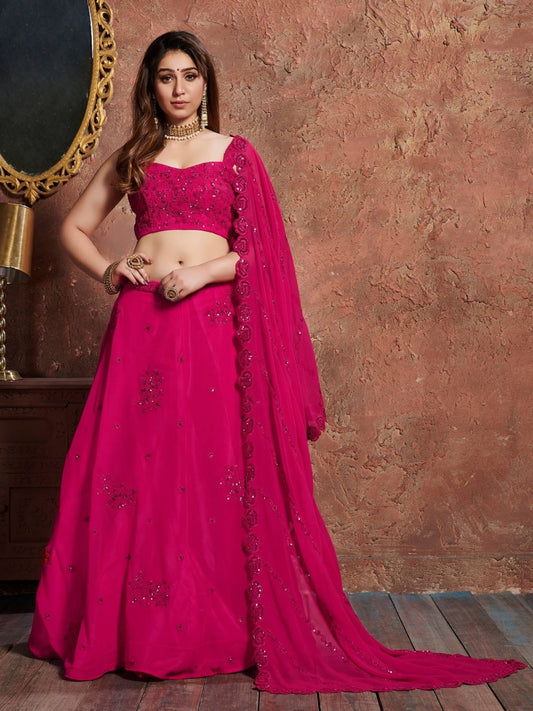 Odette Pink Georgette Embroidered Semi Stitched Lehenga With Blouse For Women