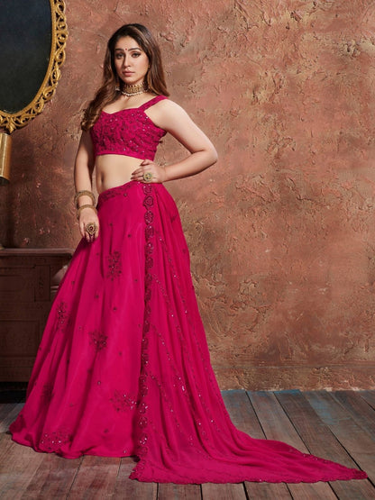 Odette Pink Georgette Embroidered Semi Stitched Lehenga With Blouse For Women
