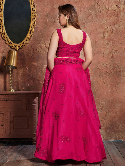 Odette Pink Georgette Embroidered Semi Stitched Lehenga With Blouse For Women