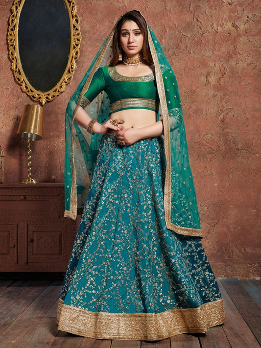 Odette Blue Art Silk Embroidered Semi Stitched Lehenga With Blouse For Women