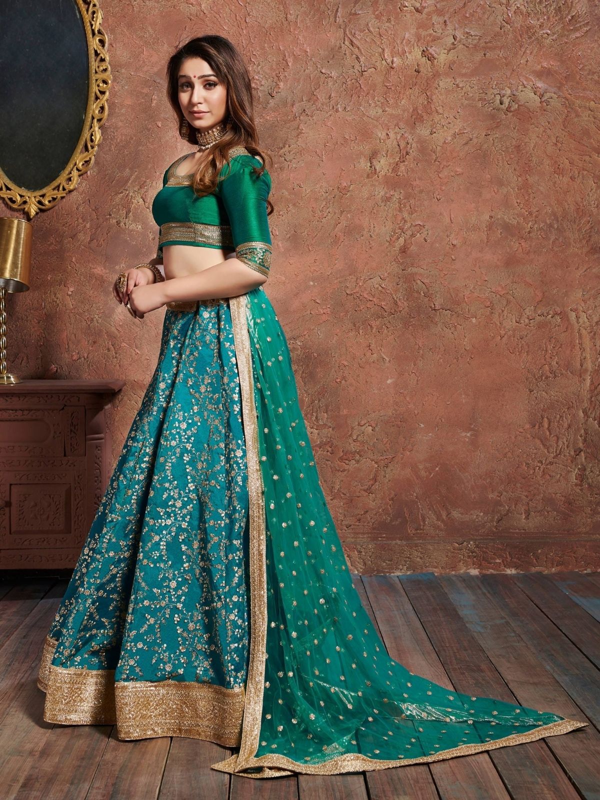 Odette Blue Art Silk Embroidered Semi Stitched Lehenga With Blouse For Women