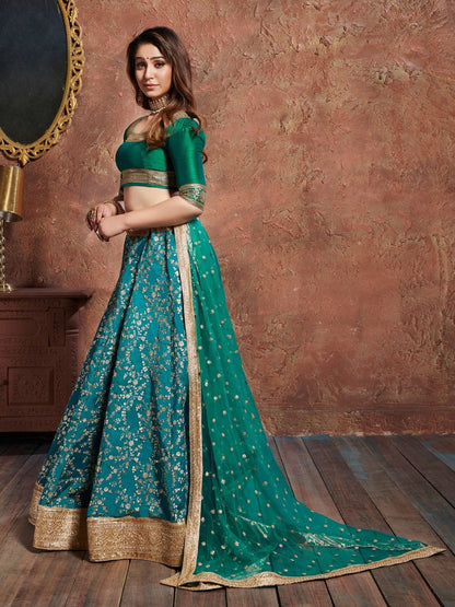 Odette Blue Art Silk Embroidered Semi Stitched Lehenga With Blouse For Women
