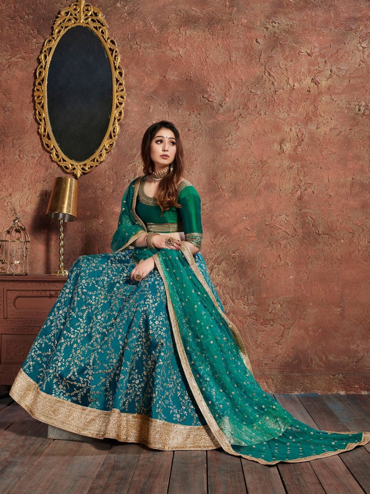 Odette Blue Art Silk Embroidered Semi Stitched Lehenga With Blouse For Women