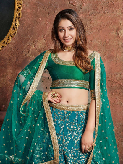 Odette Blue Art Silk Embroidered Semi Stitched Lehenga With Blouse For Women