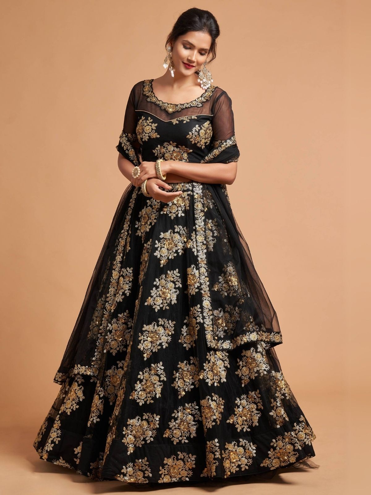 Odette Black And Gold Soft Net Embroidered Semi Stitched Lehenga With Blouse For Women