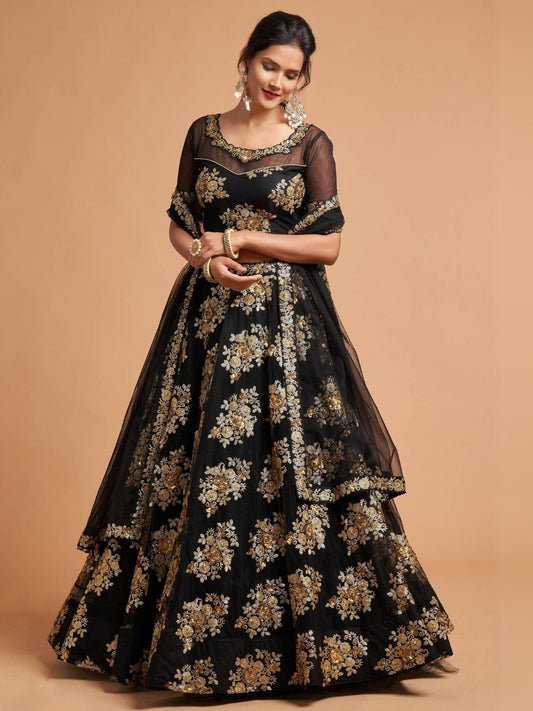 Odette Black And Gold Soft Net Embroidered Semi Stitched Lehenga With Blouse For Women