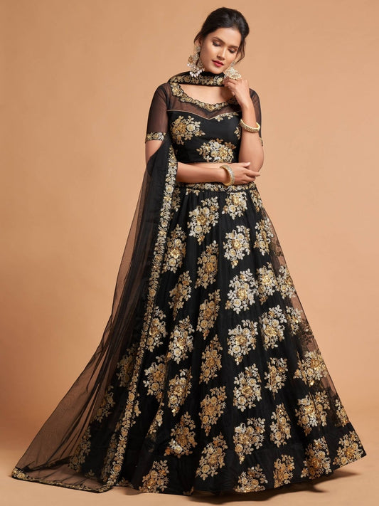 Odette Black And Gold Soft Net Embroidered Semi Stitched Lehenga With Blouse For Women