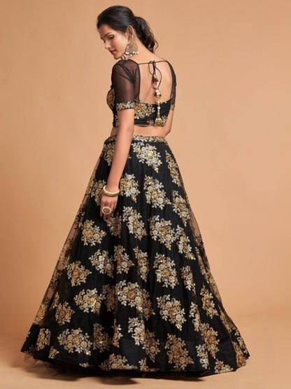 Odette Black And Gold Soft Net Embroidered Semi Stitched Lehenga With Blouse For Women