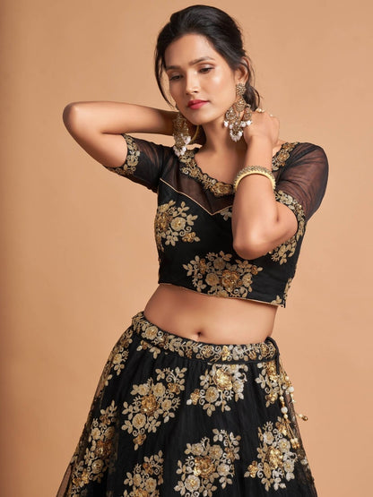 Odette Black And Gold Soft Net Embroidered Semi Stitched Lehenga With Blouse For Women